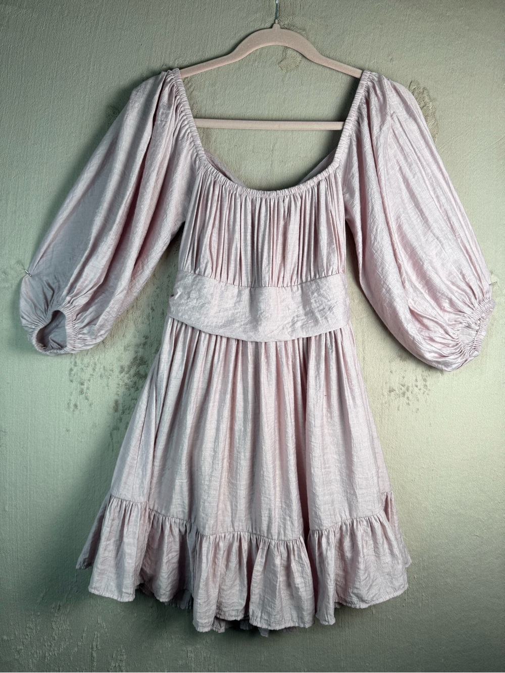 Pink Cottagecore Puff Sleeve Mini Dress Bow Back Fairycore S